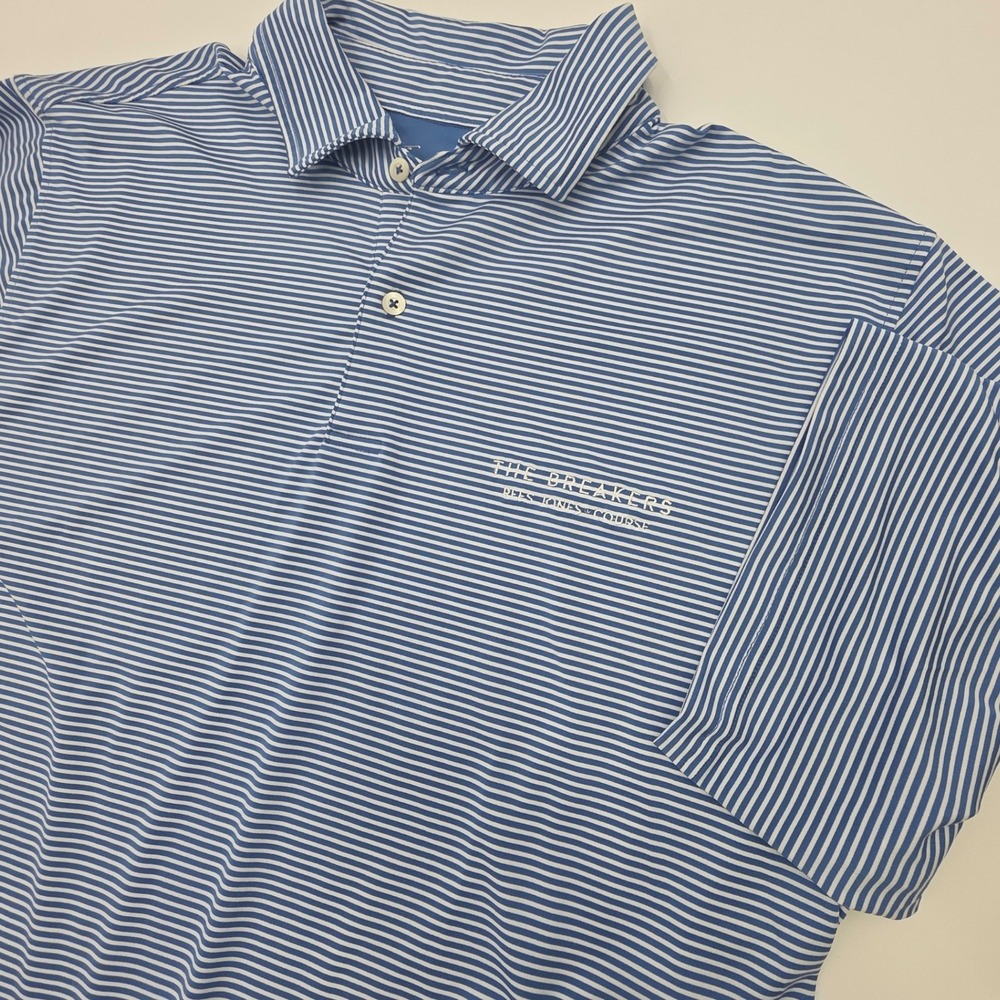 THE BREAKERS REES JONES GOLF COURSE POLO MENS 2XL XXL BLUE WHITE STRIPED FAIRWAY